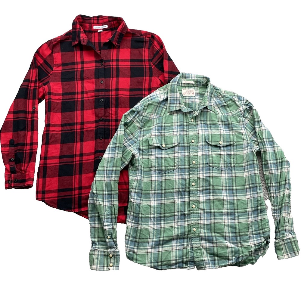 Lucky Brand Port Authority Flannel Shirt LOT 2 Men Med Outdoors Hike Grunge Camp